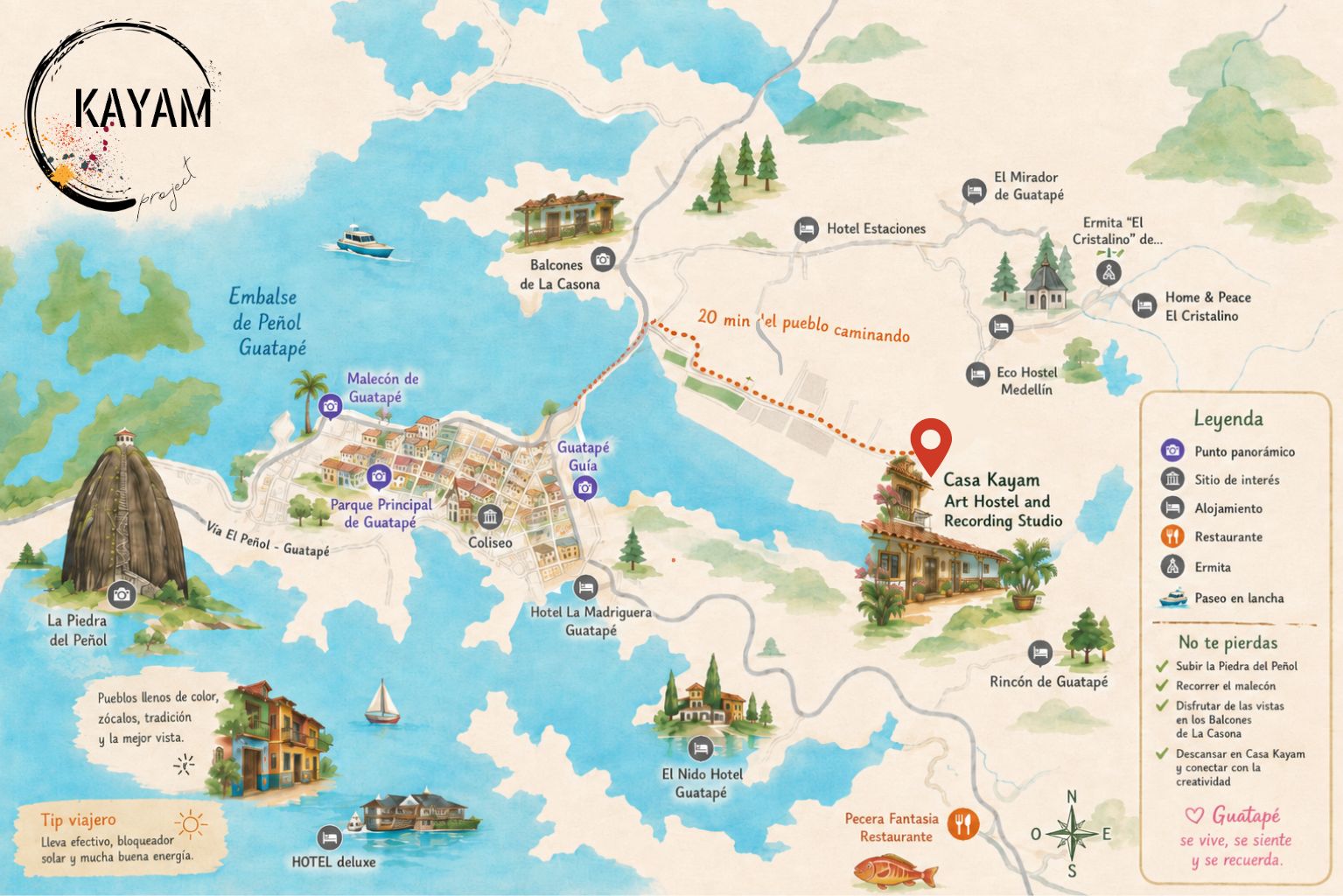 Illustrated map showing Casa Kayam in the hills 2 km from Guatapé village, beside the reservoir and El Peñol rock